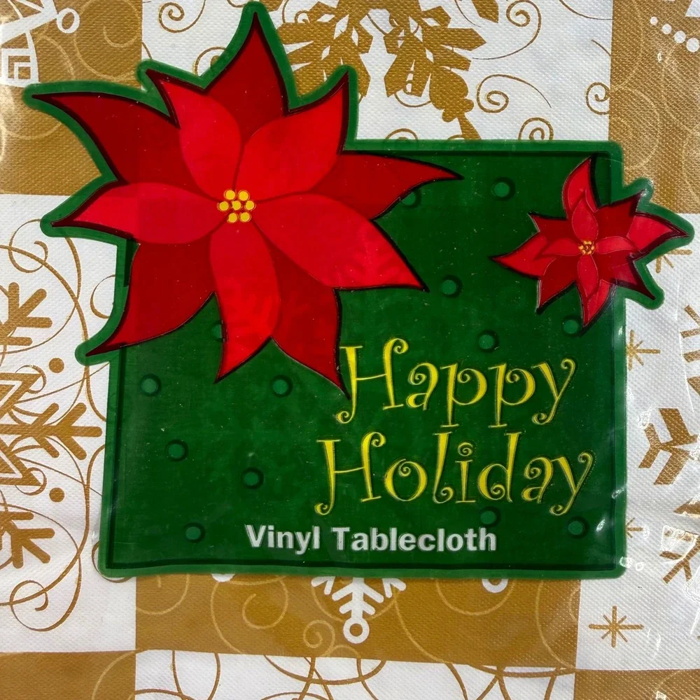 Vtg NOS‎ Holiday Vinyl Tablecloth Gold Snowflake Poinsettia 60in x 102in Oblong